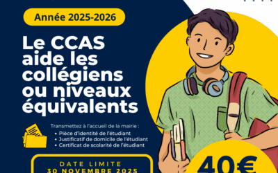 Le CCAS verse 4️⃣0️⃣ € par collégien ou niveau équivalent !🎒